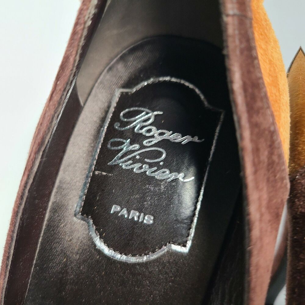 Roger Vivier women heels Pump Paris 2-tone brown Leather suede sz 37.5 7.5 new - Picture 6 of 10
